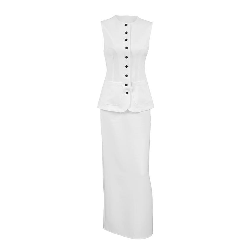 European and American New White Fashion Casual Suit Women's Design Sense Waist Vest Split Straight Skirt Two-piece Set