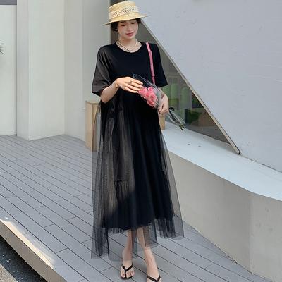Plus Size Summer T-Shirt Dress Women Cotton Loose Dress O-Neck Vintage Print Short Sleeves Mesh Loose Dresses Casual Female Dresses