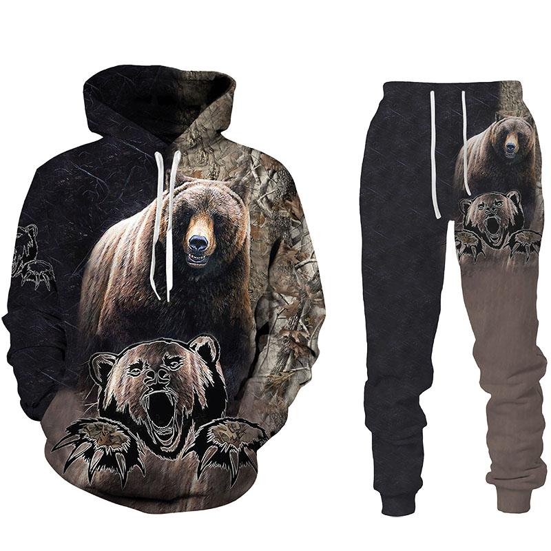 Herren Hoodie Sets Jagd Bär Bogenschütze Tarnung 3D-Druck Hoodies Trainingsanzug Jogginghose 2-teilige Sets Kleidung Übergroß