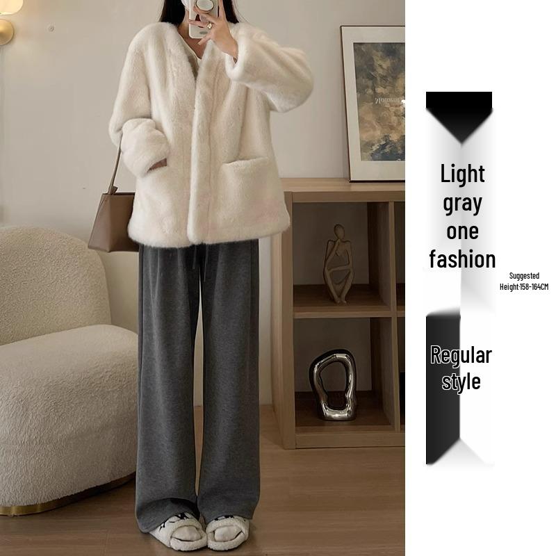 Petite Soft Girl High Waist Oatmeal Pants - XS 150 - Spring/Autumn Loose Wide Leg Straight Pants