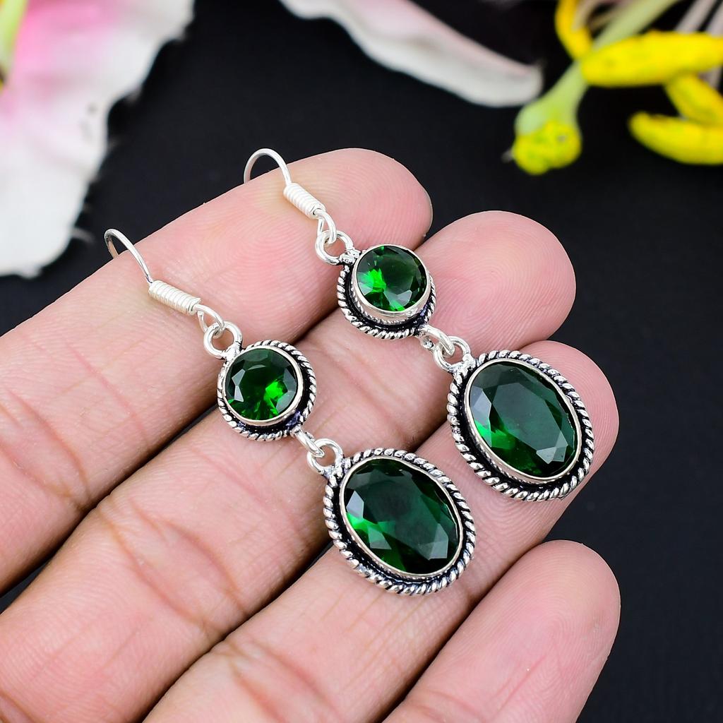 Chrome Diopside Gemstone Handmade 925 Sterling Silver Jewelry Earring 2.56" KG-431