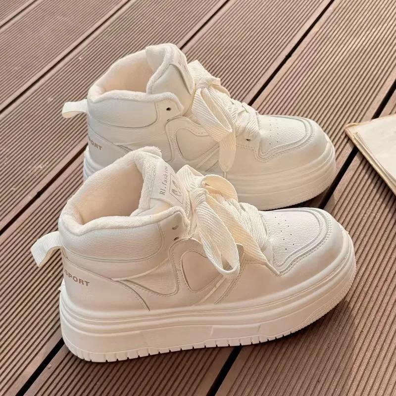 

Толстоподошвенные бархатные хлопковые туфли для женщин 2024 зима новые высокие универсальные белые туфли повседневные спортивные кеды на платформе 36 бежевый