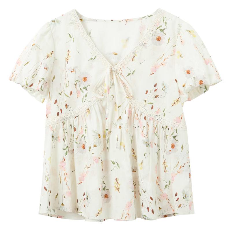 Sancai 100% Cotton Floral V-Neck Puff Sleeve Blouse XL