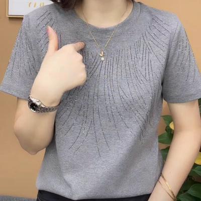 Women's Summer New Fashion Round Neck Glitter Thread Short Sleeve T-Shirt, High Elastic Ribbed Slim Fit Versatile Basic Top