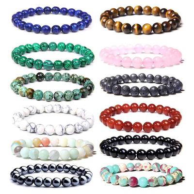 8mm Agate Natural Stone Bracelet - Fashionable Single Strand Elastic Beaded Bracelet with Round Crystal Beads