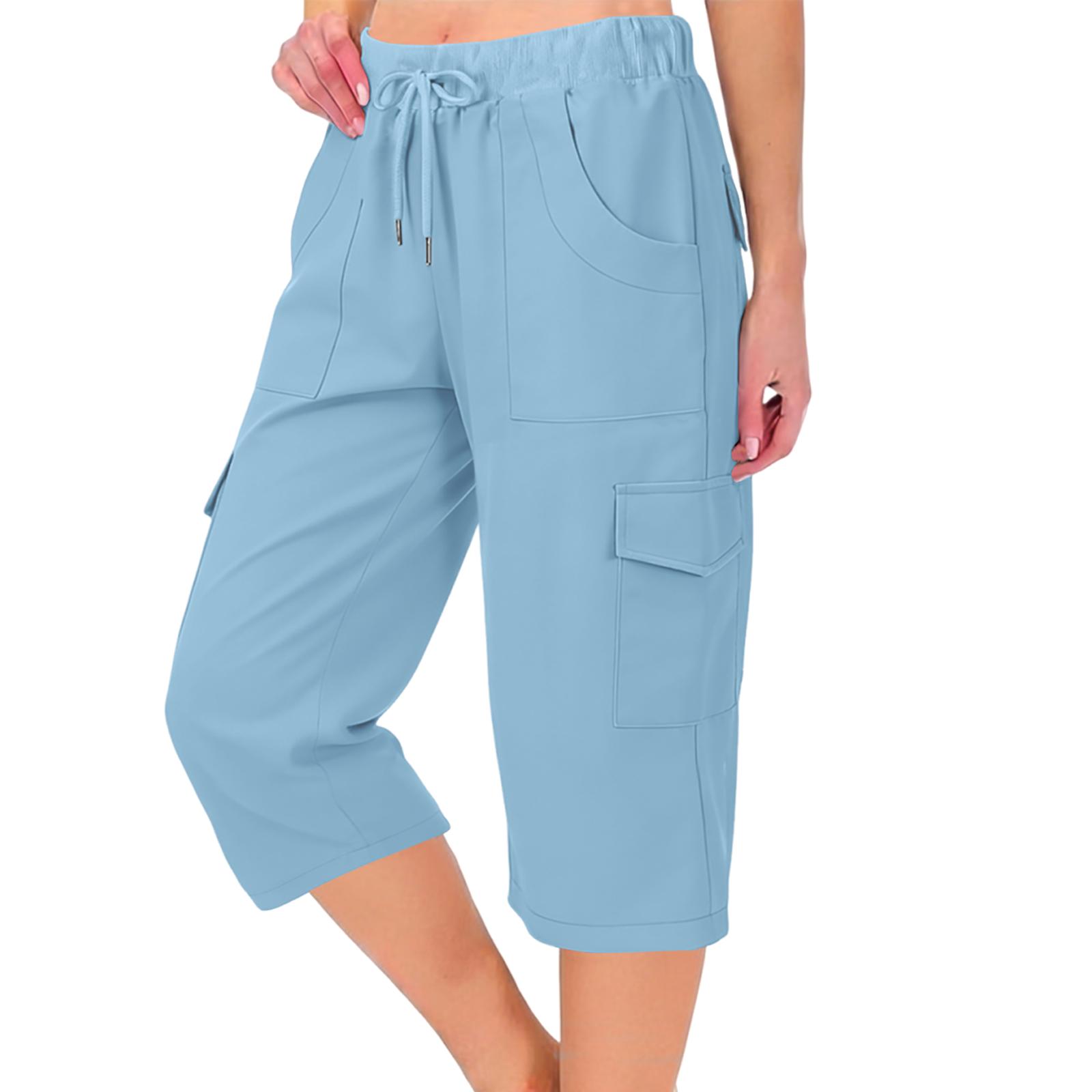 

Women s Cotton Cargo Pants, Baggy Casual Lightweight Elastic Waist Trousers With Pockets For Hiking And Everyday Wear XL небо синє кольору