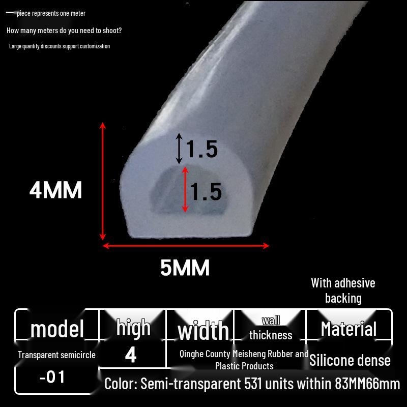 D-shaped High-Temperature Silicone Seal, Semi-Circular Hollow Strip, Self-Adhesive Solid, Odorless Transparent.