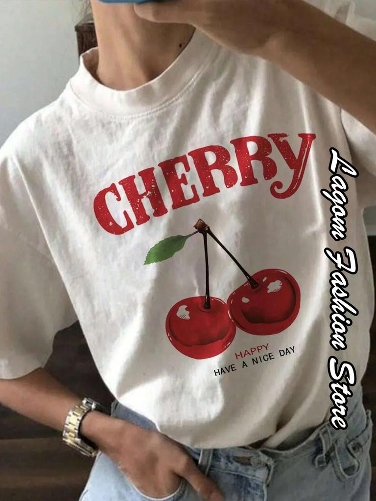 Cherry Print Women Fashion T-Shirt O-Neck Tops Tees Floral Graphic Short Sleeve Women Clothing Female Casual Streetwear