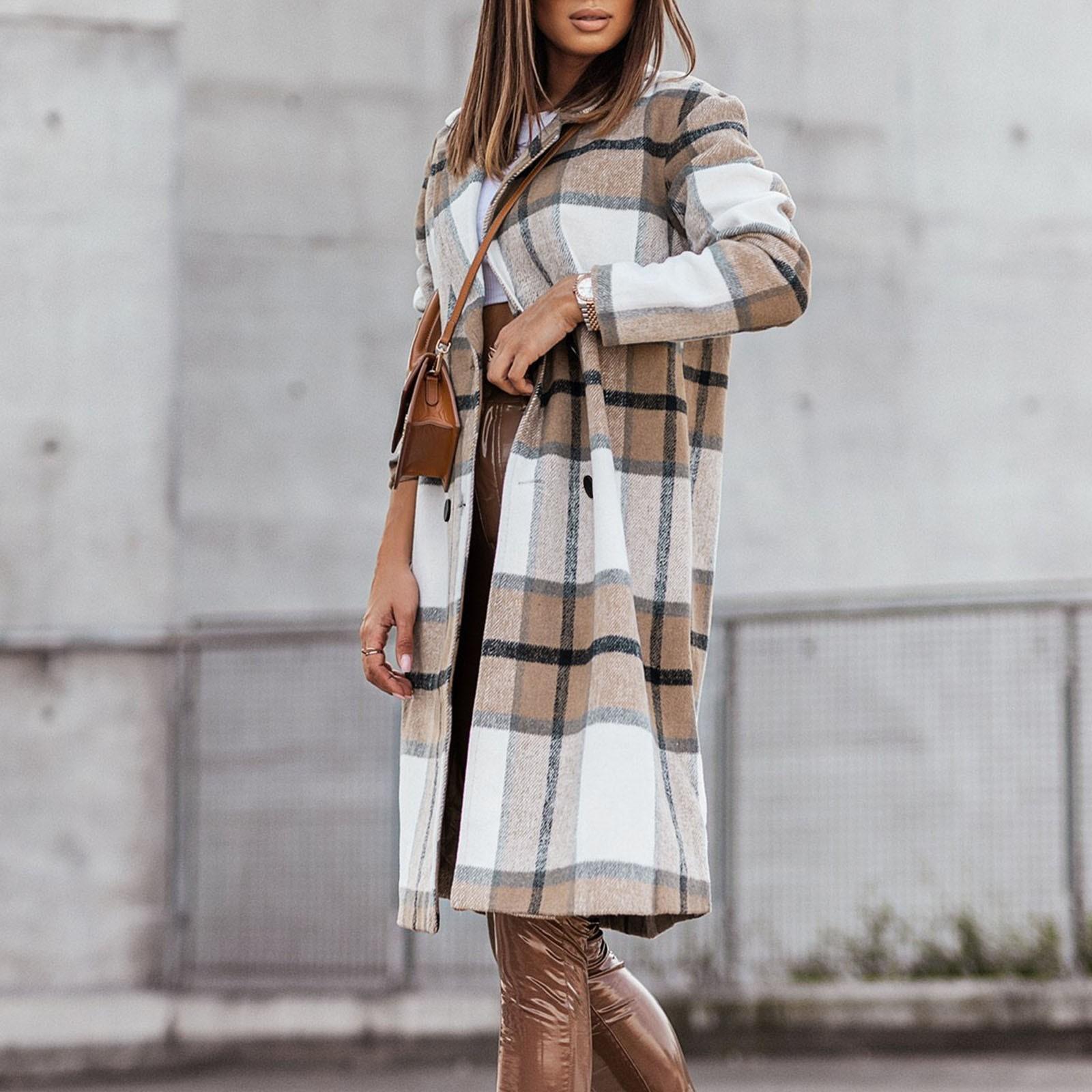 

Женское двубортное пальто без карманов в клетку средней длины с длинными рукавами и верхняя одежда XL хаки