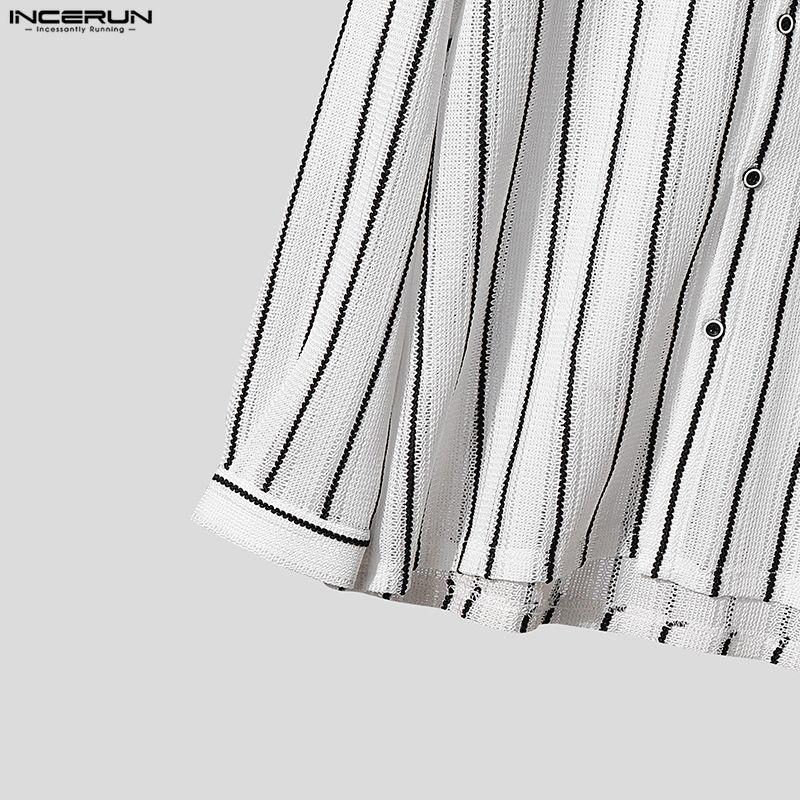 INCERUN Oversized Men Long Sleeve Lapel Striped Hollow Webbing Casual Loose Tops Shirts