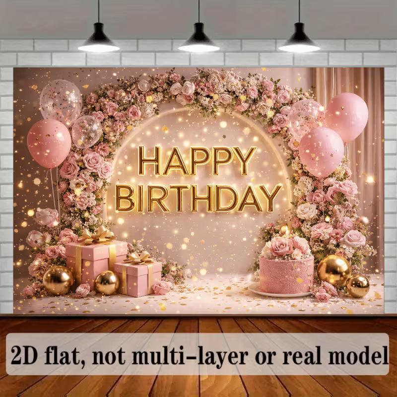 2D Rose Gold Floral Birthday Backdrop Pink Arch & Balloons Background for All Ages
