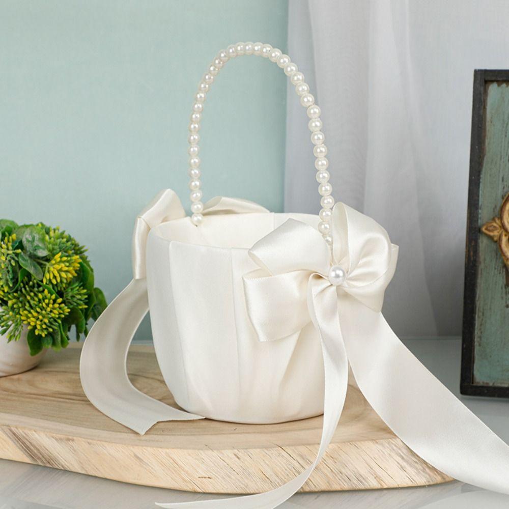 

Pearl Handle Flower Girls Basket Ribbon Bow Satin Bow Hanbag Wedding Party Decorations Party бежевый