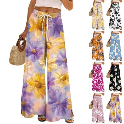 Women's Printed Wide Leg Pants With Pockets High Waist Drawstring Loose Casual Pants