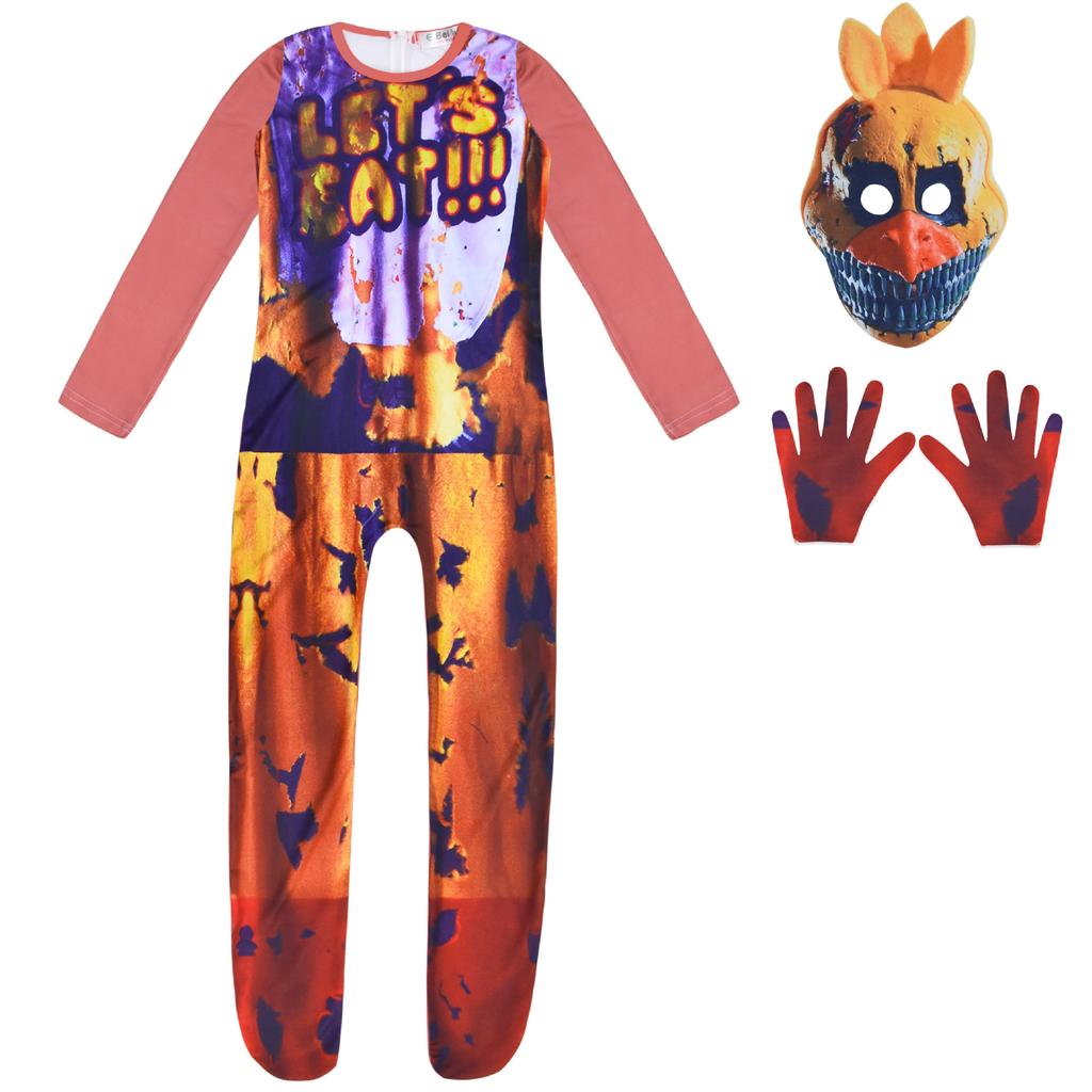 Kids Fnaf Horror Bear Jumpsuit Mask Outfit for Boys Girls Christmas Halloween Cosplay Costume