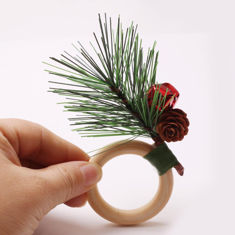 6pcs with Red Berries Christmas Pine Needle Napkin Ring Wooden Napkin Buckle Restaurant