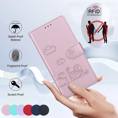 Süße RFID-blockierende Lederhülle mit Katzenmotiv für ZTE Blade A7S/Blade A52/Blade A72, Brieftaschen-Kartensteckplätze, Abdeckung für ZTE Blade V40 Vita, Telefon-Geldbörsenholster