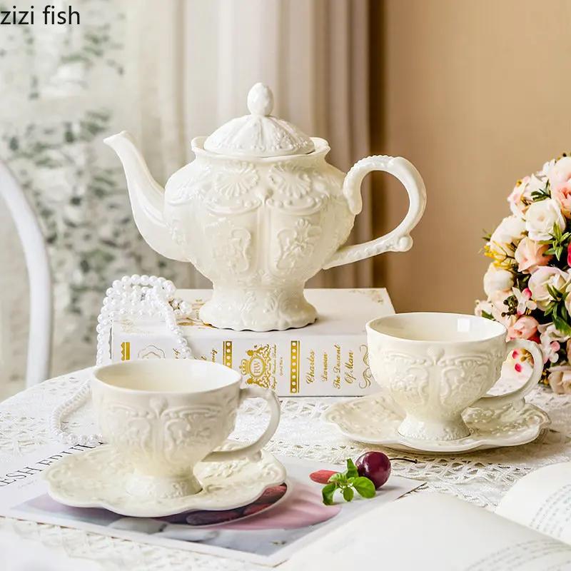 Ceramic Relief Teapot Afternoon Tea Cup Dish Set Household Dessert Plate Snack Plate High Leg Cake Plate Tea Set Household Goods