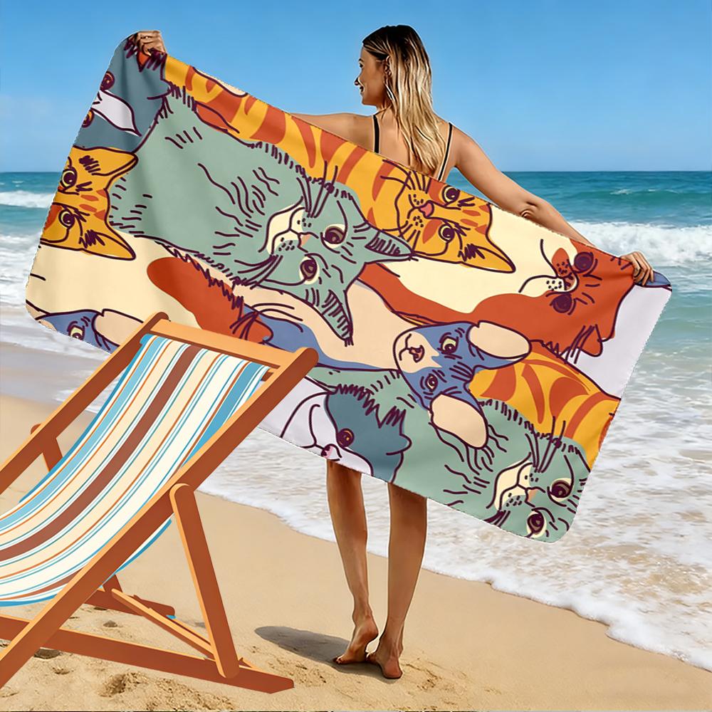 Colorful Cat Pattern Illustration Design Beach Towel Quick-drying for Travel Outdoor Sports Jogging Beach and Swimming