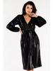 Asymmetrical Sequin Dress with Wrap Neckline and Long Sleeves, Black Size S