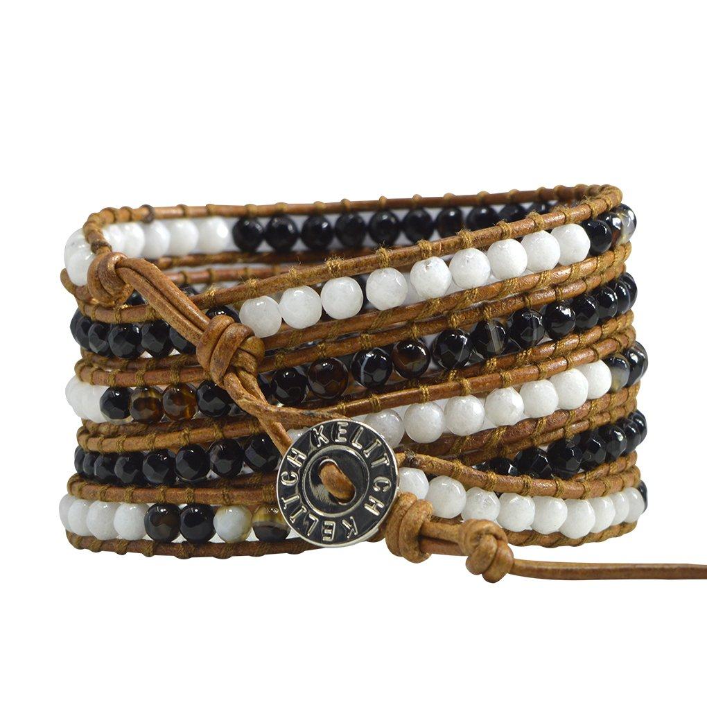 KELITCH Agate Shell Beads Bracelet Original Leather Summer Bangle 5-Wrap (Brown)