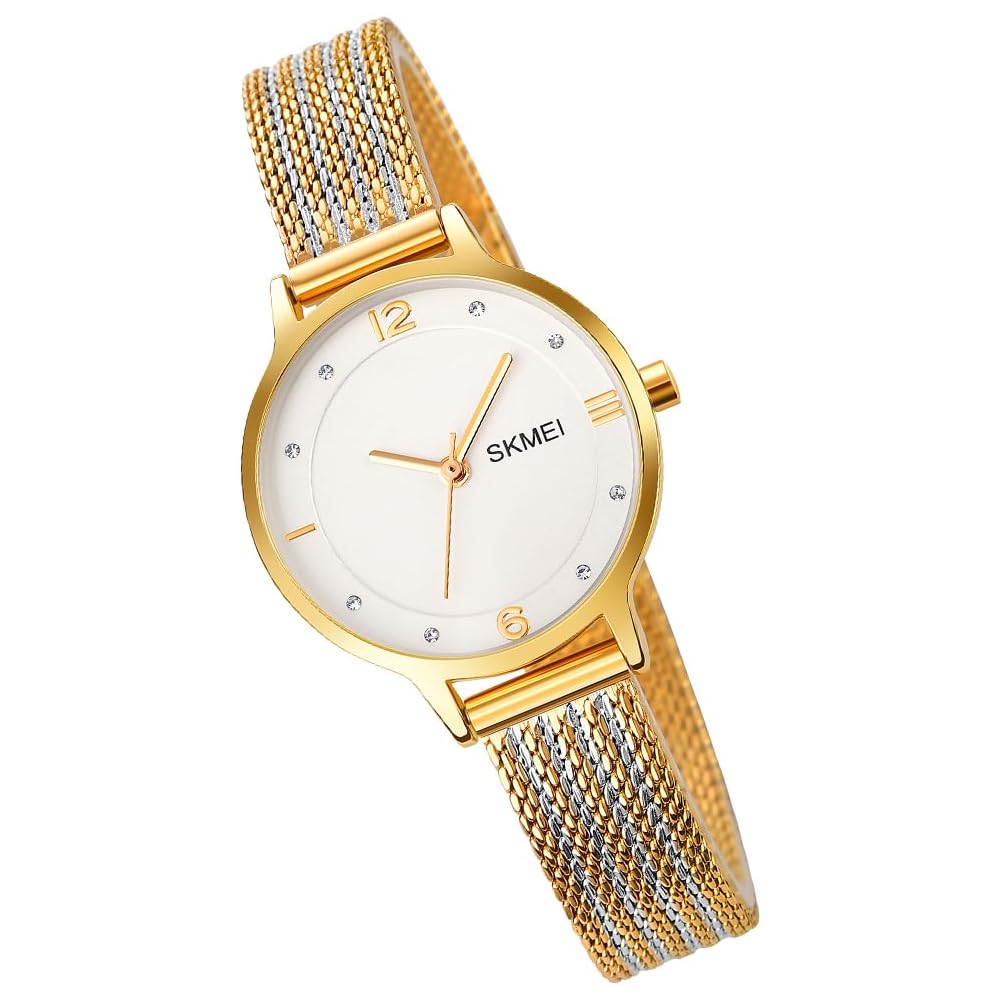 SKMEI Women s Simple Ultra-Thin Quartz Watch Waterproof Stainless Steel Mesh Band White Gold