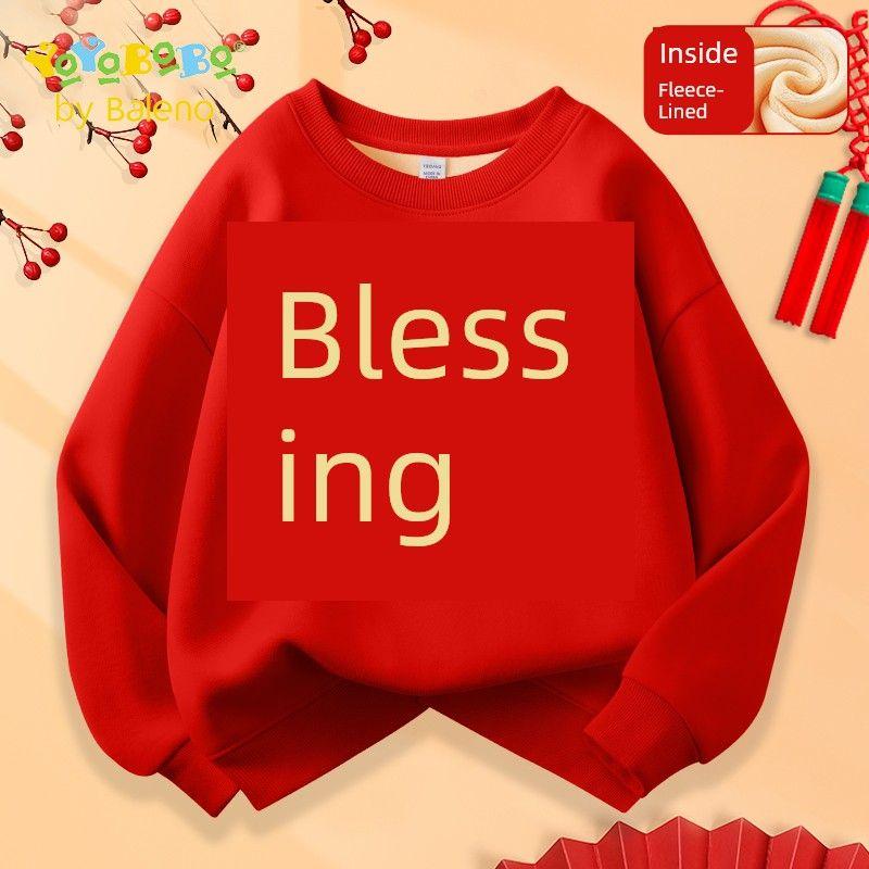 Baleno Ybb Series Girls  Sweatshirt Children s 2025 New Red New Year Clothes for Older Children with Fleece Winter Wear Red#Yb Auspicious Blessing 120