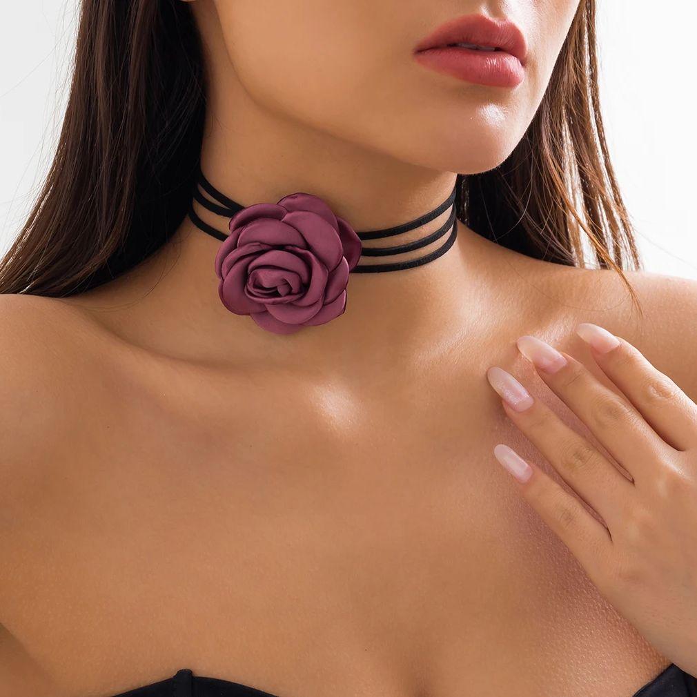 Gothic Elegant Big Rose Flower Clavicle Chain Necklace Women Wed Bridal Sexy Adjustable Choker Mariage Zircon Y2K Accessories