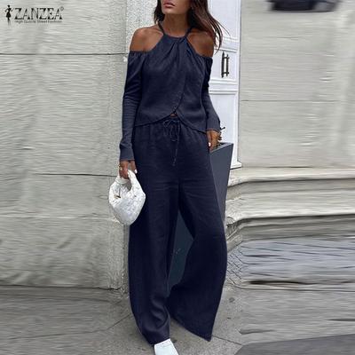 Two Piece Suit Women Cold Shoulder Long Sleeve Irregular Blouse and Pants Sets