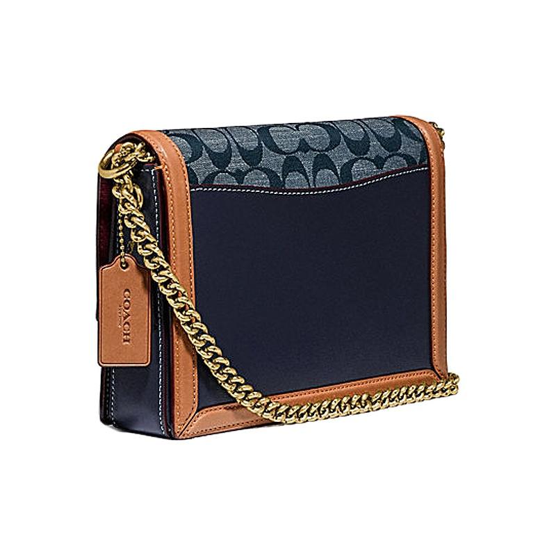 Coach Hutton Floral Print Chain Canvas And Leather Shoulder Bag Women Shoulder Bag Denim-Blue Brown 3696-B4RA3