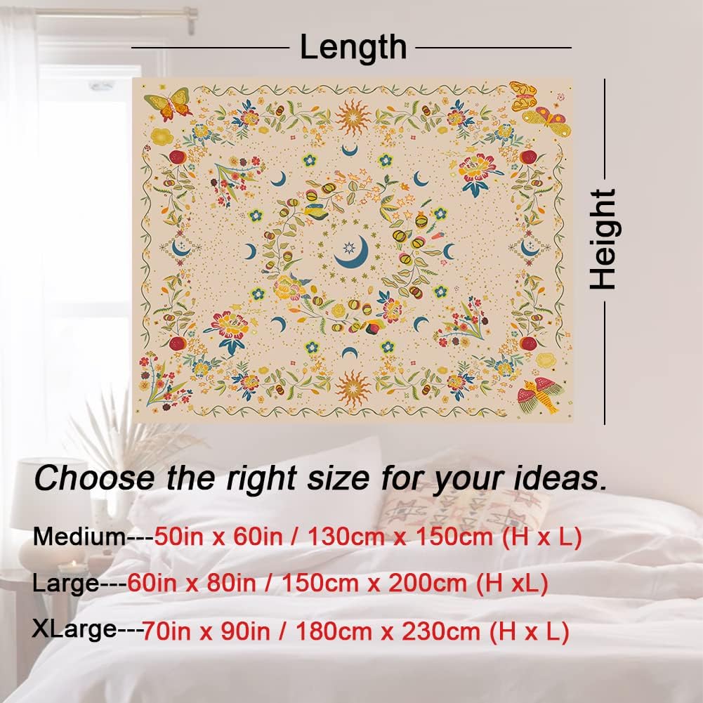 Wandkleed - Boheems Bloemenranken Wanddecoratie Hemelse Zon Maan en Sterren Wandkleed voor Hippie Woondecoratie - Slaapkamer Esthetiek