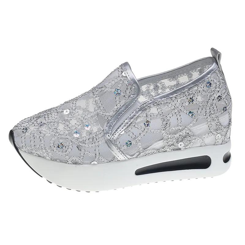 Fashion Women's wedge sneakers, comfortable white shoes, floral embroidered mesh, slip-on, size 42