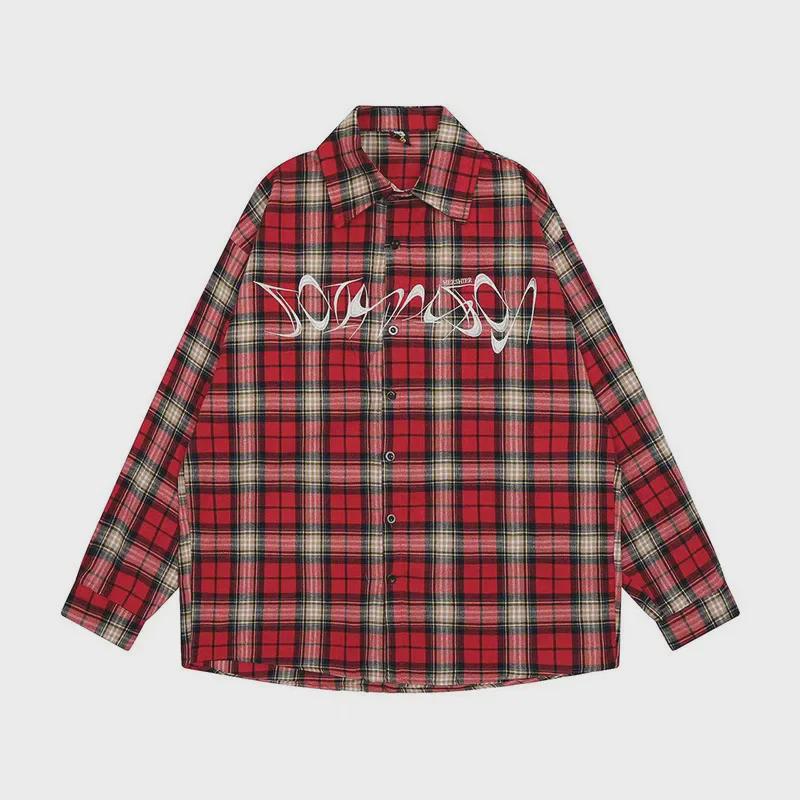 Men's Retro Red Plaid Embroidered Shirt - American Style, Loose Fit, Long Sleeve, Sun Protection