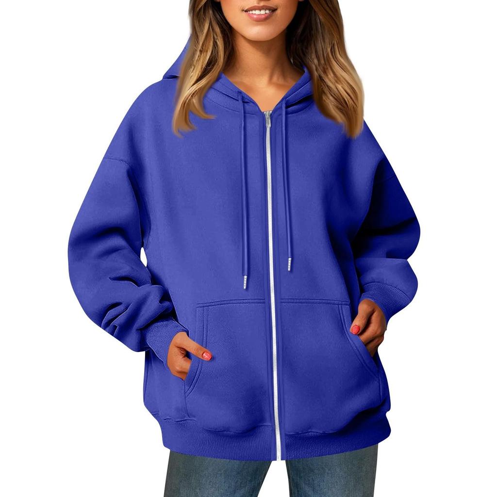 Damen Casual Fashion Solid Color Langarm Tasche Reißverschluss Kapuze Kordelzug Sweatshirt Jacke