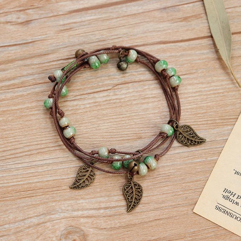 Vintage Bohemian Ceramic Bracelet Girl Sweet Bell Leaf Versatile Waist Chain Multi-circle Bracelet Jewelry