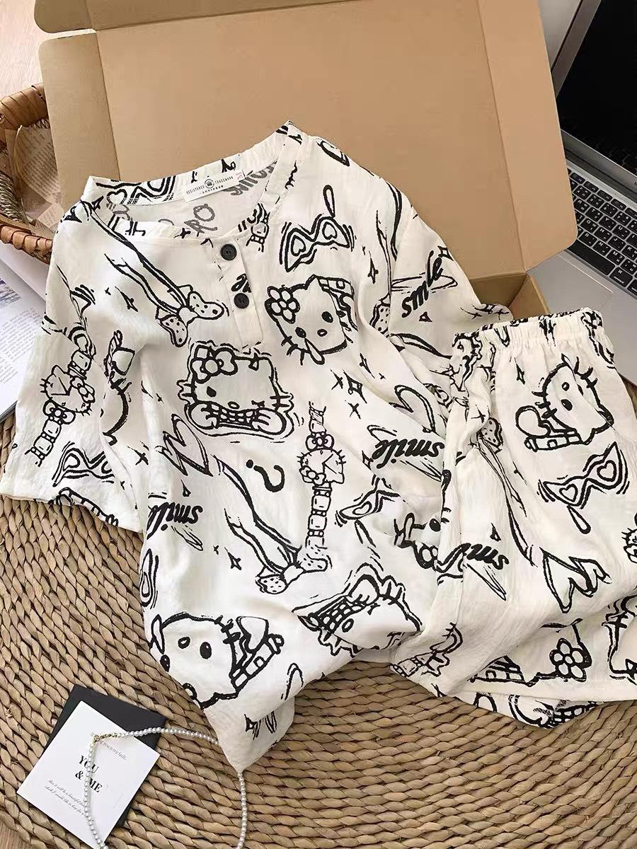 

Summer graffiti style Hello Kitty full print pajamas summer short-sleeved shorts cardigan two-piece girl loungewear S