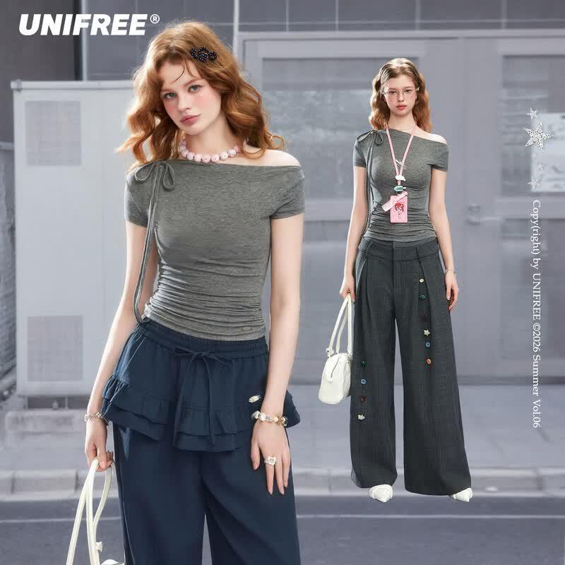 UNIFREE Summer American Retro Shirring One-shoulder T-shirt S
