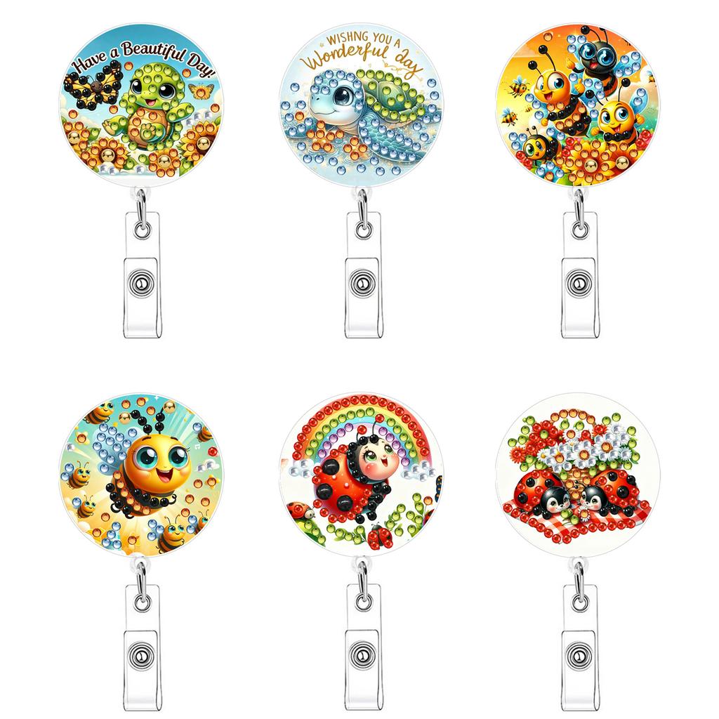 6Pcs DIY Decorative Work Badge Holder Retractable Bling Crystal Painting Badge Clip Sparkly Gem Art Name Tag Nurse Accessories