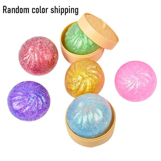 5Pcs Glitter Steamed Bun Toy with Steamer Stress Relief Simulation Dumpling Squeeze Sensory Fidget Toy Stretchy Decompression Dough Ball Desk Toy