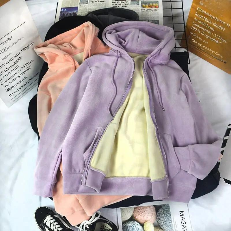 

Женская утолщенная толстовка-кардиган на флисовой подкладке, свободный крой, с капюшоном, антипиллинговая куртка для осенне-зимнего сезона L фиолетовый