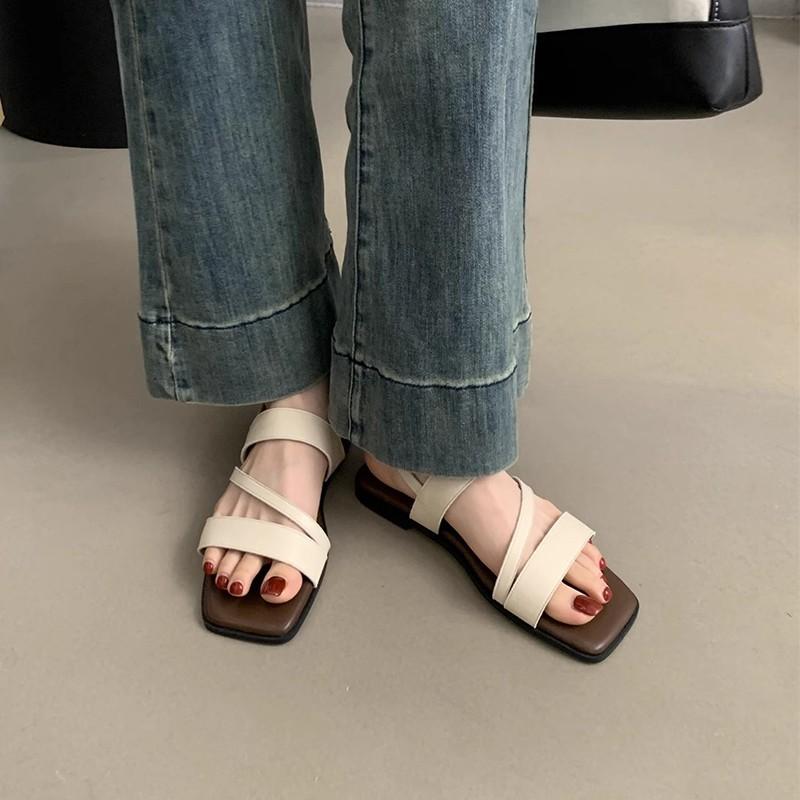 

Open-toed sandals women s summer wear 2025 new Korean version retro fairy style one-word buckle belt soft flat-soled Roman shoes 35