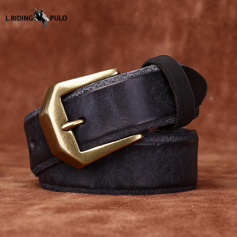 Thickened Genuine Leather Top Layer Cowhide Belt Men's Copper Buckle Rough Edge Fur Bottom Retro Washed Belt