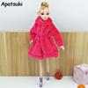 Kids Toy Doll Accessories Winter Warm Wear Pink Fur Coat Mini Clothes Dress For Barbie Dolls Fur Doll Clothing With Waist Belt