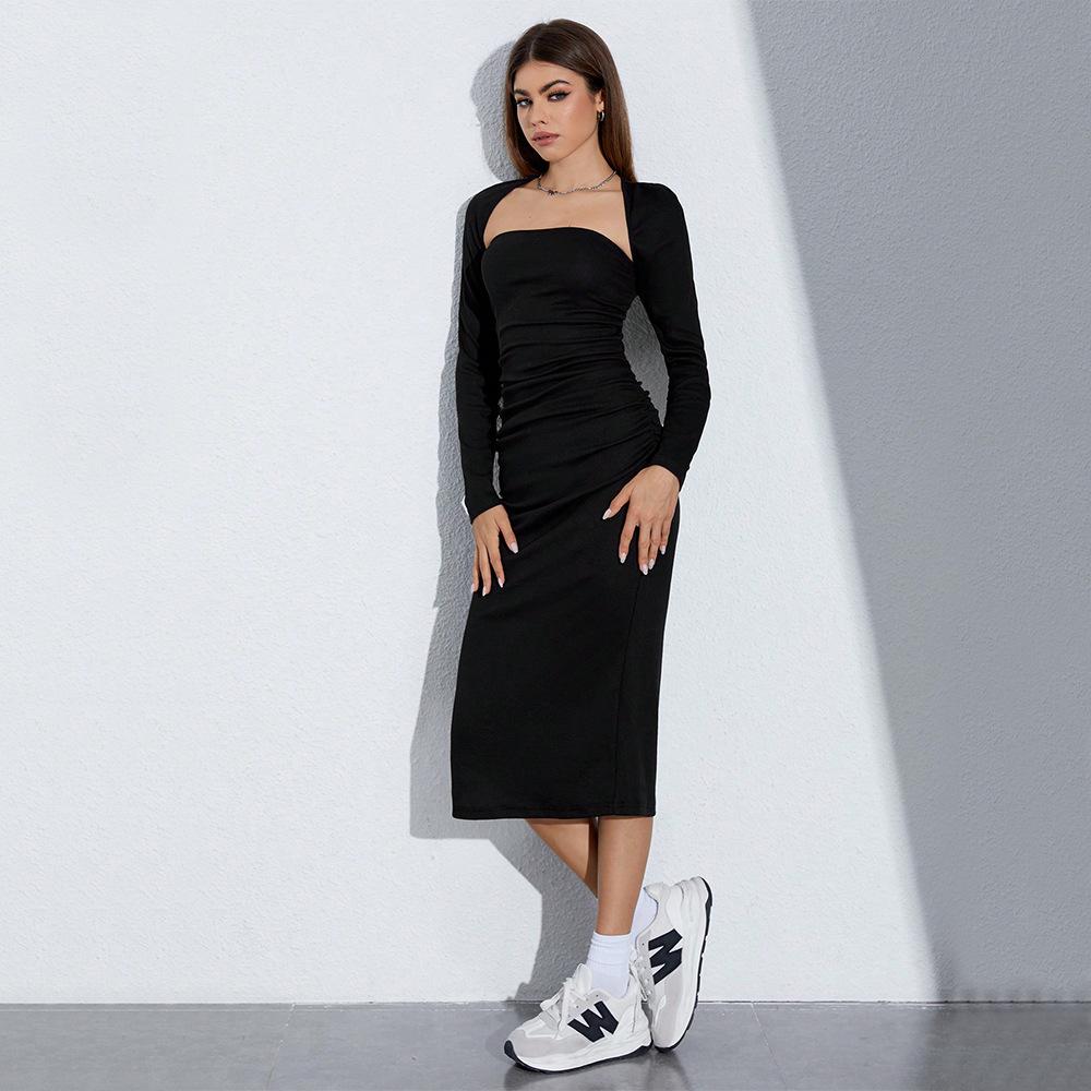 European and American women's clothing autumn and winter split hip wrap medium and long dress sexy tube top long sleeve two-piece dress