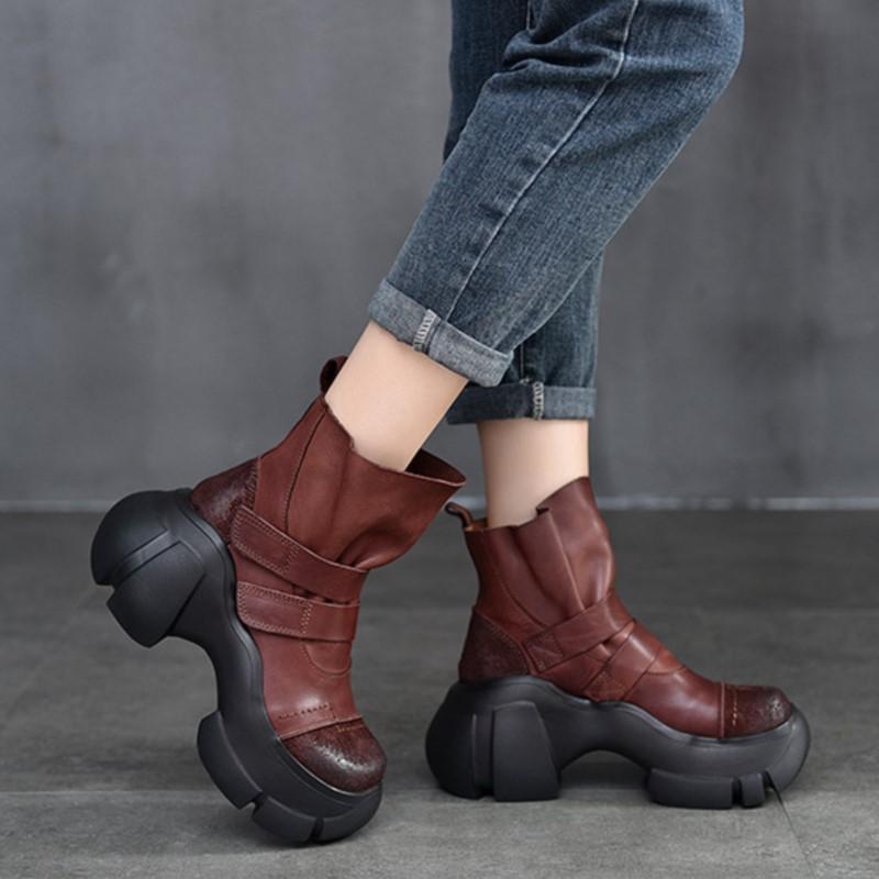 Fashion GKTINOO Retro Thick Soled Short Boots 2024 Autumn Winter New Genuine Leather Round Toe Solid Color Versatile Platform Shoes