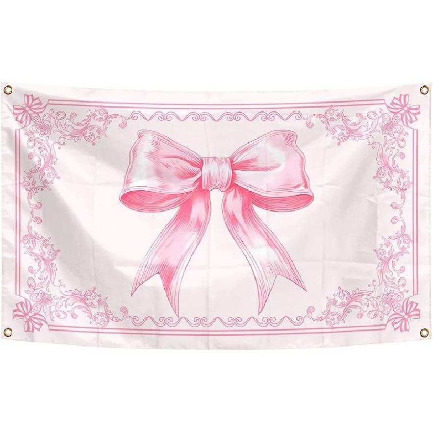 Pink Bow Flag Christian Tapestry 3×5 FT Banner God is within Her She Will Not Fall Bible Verse Wall Blanket Decor (Pink Coquette Bow) Coquette Pink Bow