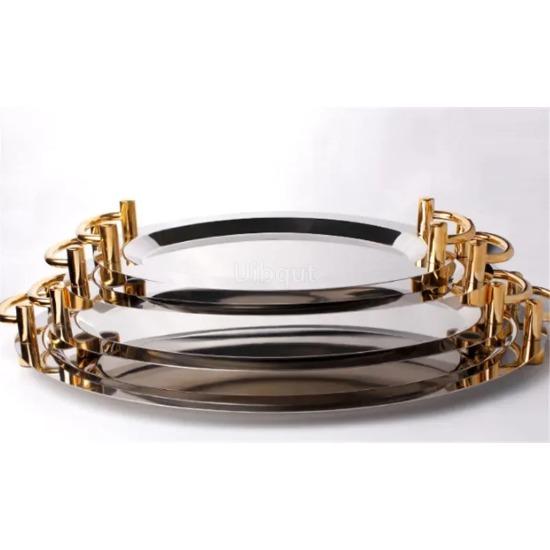 Golden Oval Stainless Steel Big Round Plate Tray Buffet Candy Cake Fruit Mirror Plate Hotel Restaurant Grill Wedding Cute Dish