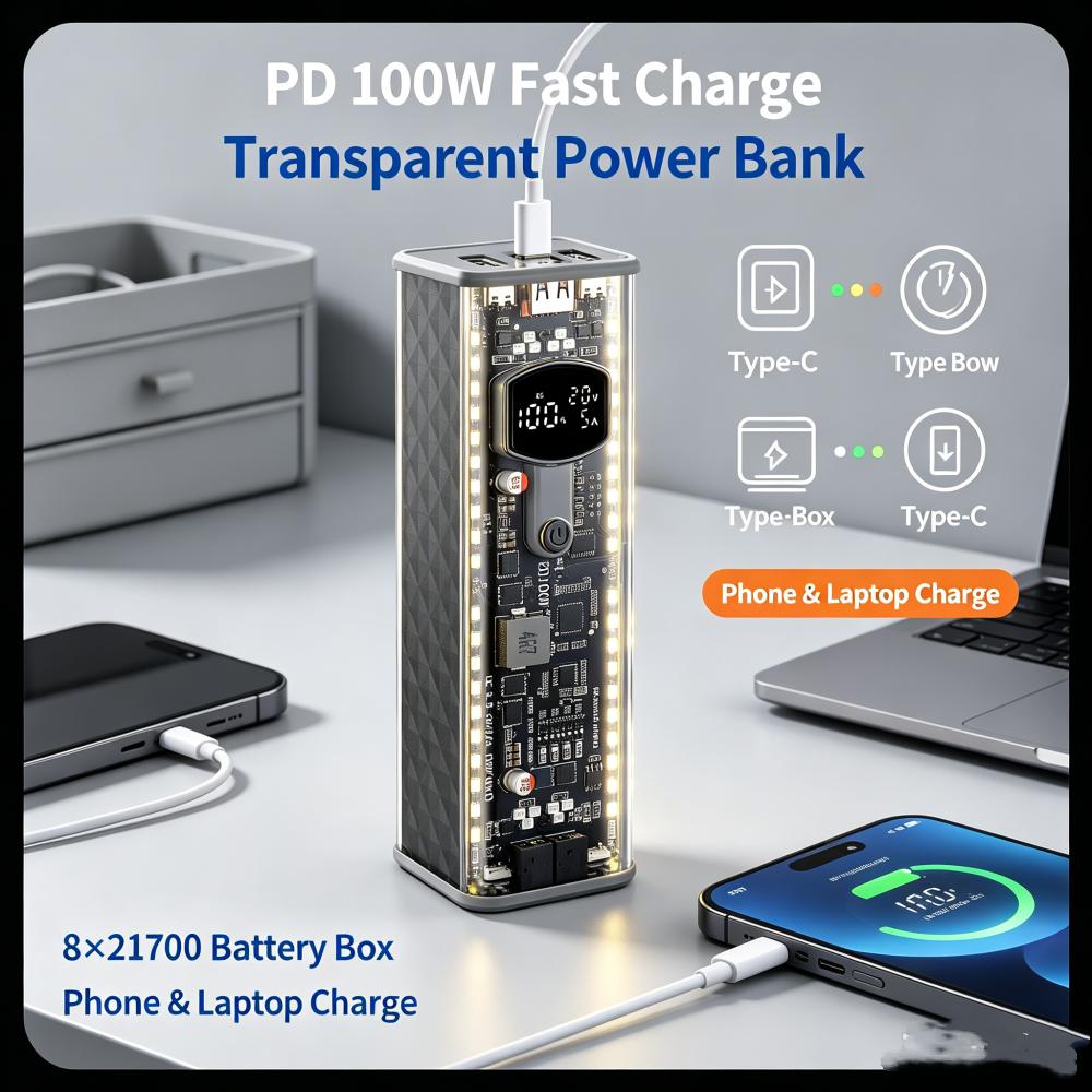Pd 111w Super Fast Charging Power Bank 8-cell 11711 Battery Holder Diy Module Shell With Sos Light Diy Battery Box Type C Port