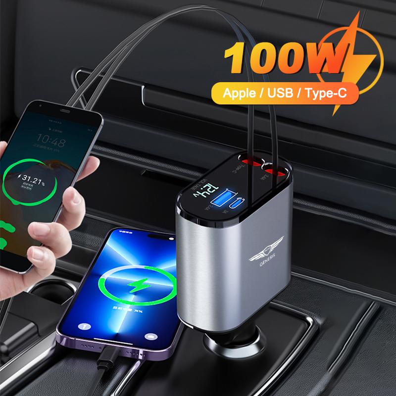 100W Car USB/Type-C Chargers Auto Charging Line Telescoping For Genesis Coupe Logo G70 G80 G90 GV60 GV70 GV80 EV BH Accessories