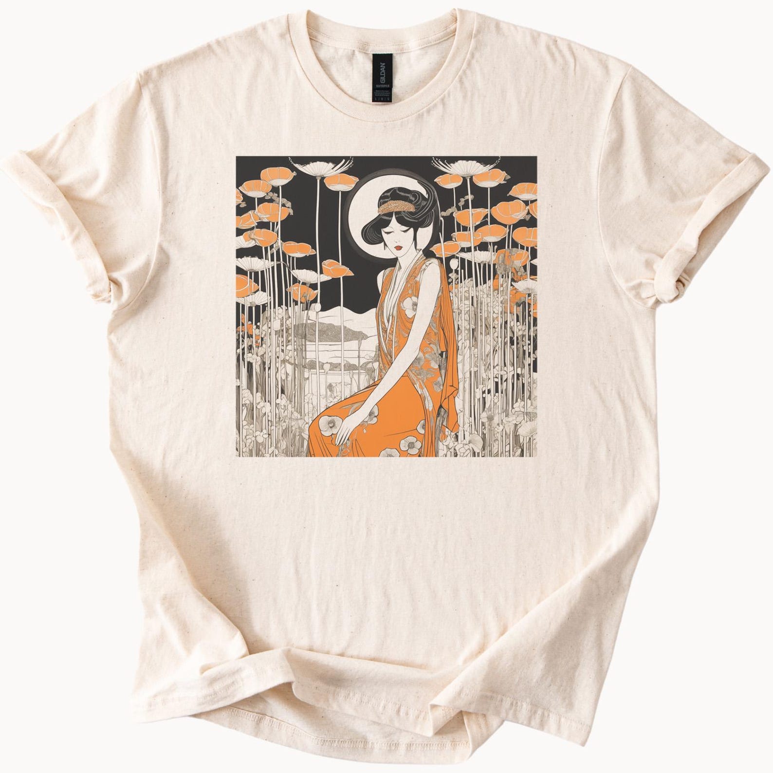 Art Deco Floral Lady in Orange Sitting Among Tall Flowers Graphic Tee 110