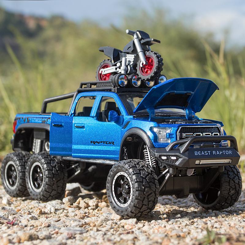 

1:28 Ford Raptor F150 литая под давлением модель автомобиля со звуковым светом и отступом, игрушки для детей, рождественские подарки